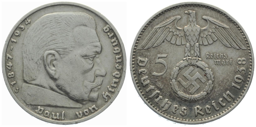 3. Reich 5 Mark 1938 J - Adler über Hakenkreuz